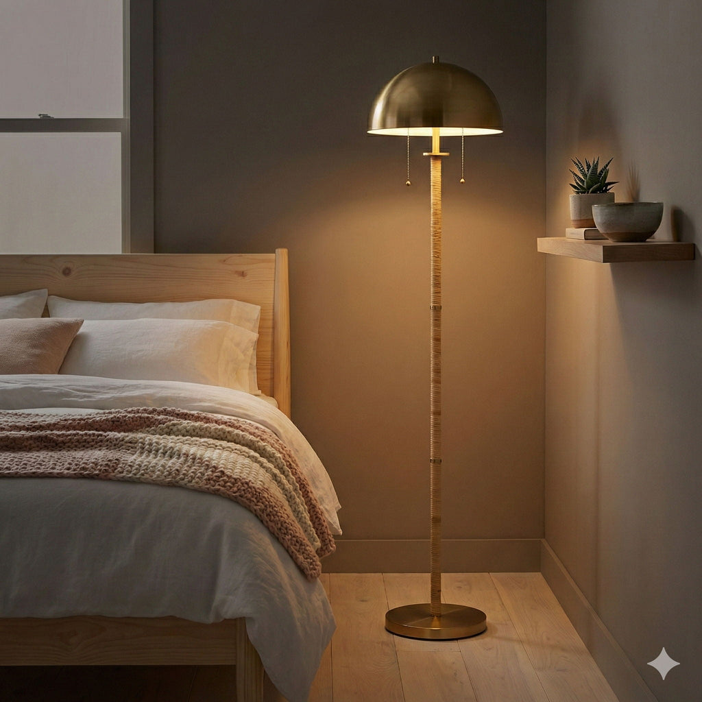 Allure 2-Light Floor Lamp | Gold Brass & Rattan Dual Light Floor Lamp