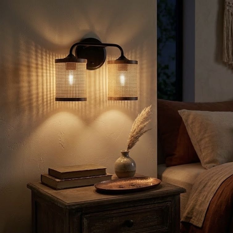 Quell Double Light Vanity Wall Lamp | Rattan Shade Bathroom Vanity Light