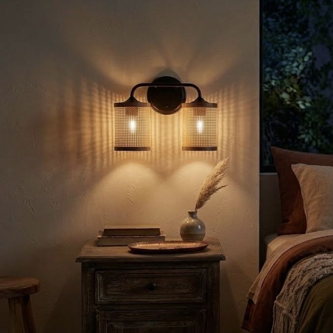 Quell Double Light Vanity Wall Lamp | Rattan Shade Bathroom Vanity Light
