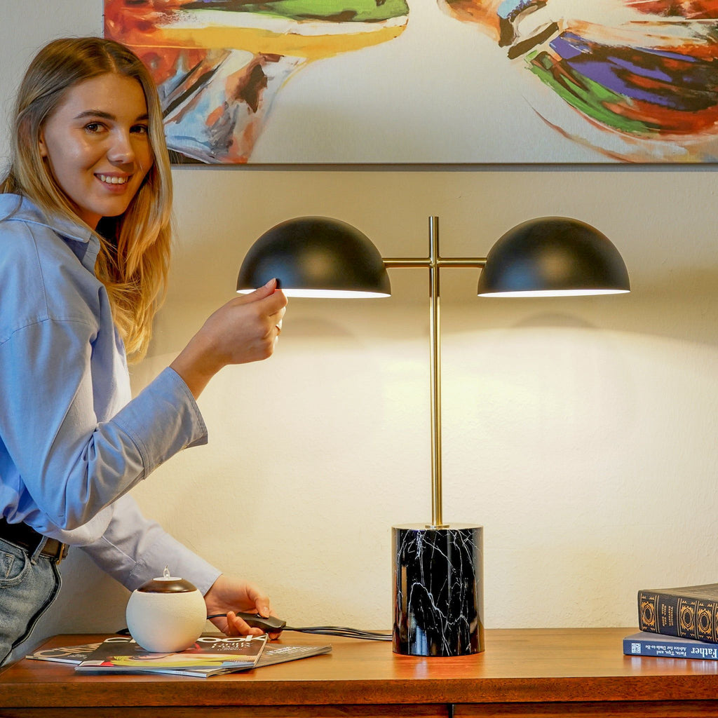 Nova Hydro Double Lamp | Faux Marble Base Dual-Light Table Lamp