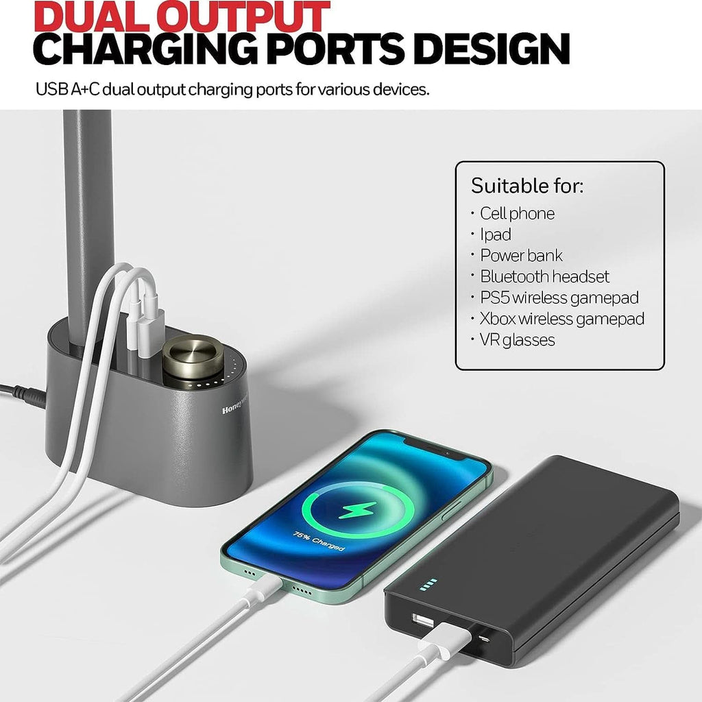 Gray LED Desk Lamp With Stepless Dimming And USB A And C