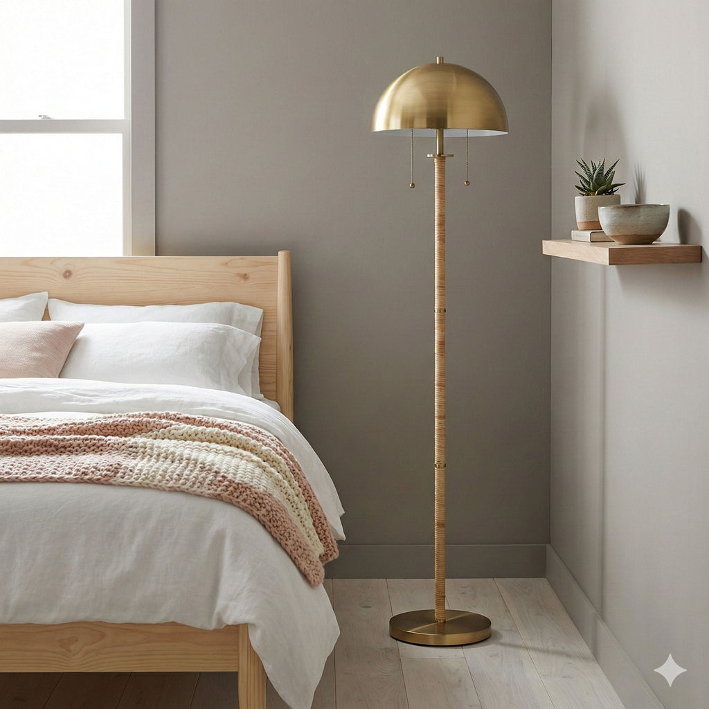 Allure 2-Light Floor Lamp | Gold Brass & Rattan Dual Light Floor Lamp