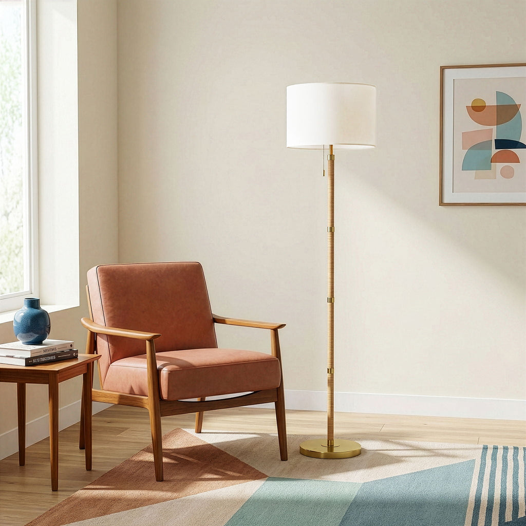 Stellar Linen Shade Floor Lamp | Natural Wood & Rattan Floor Lamp with Linen Shade