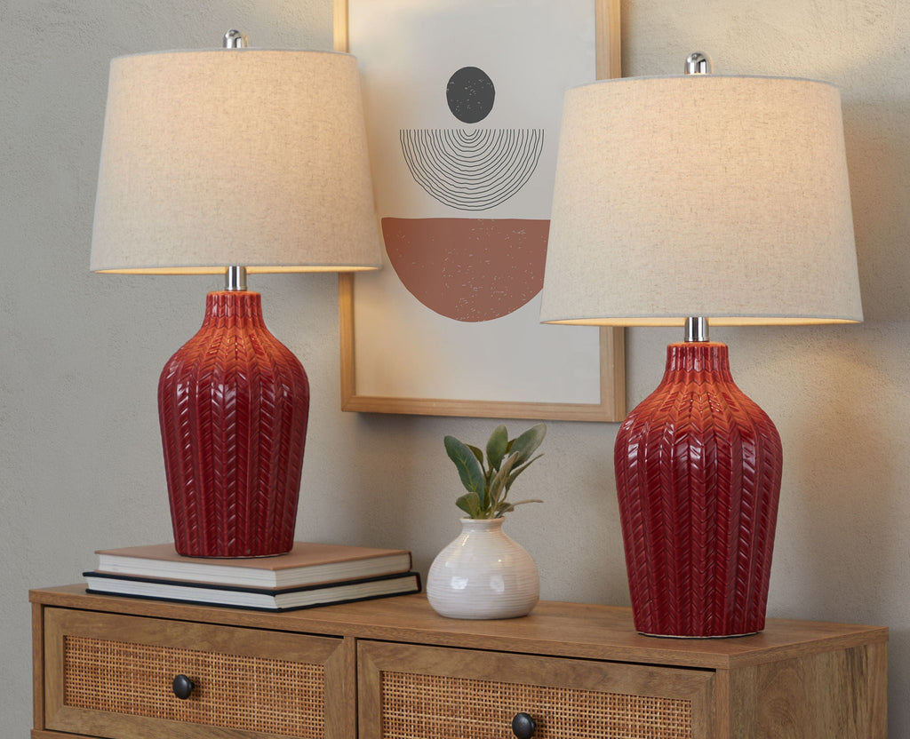 Rockwell Chevron Ceramic Table Lamp Set | Glossy Patterned Table Lamp Set of 2