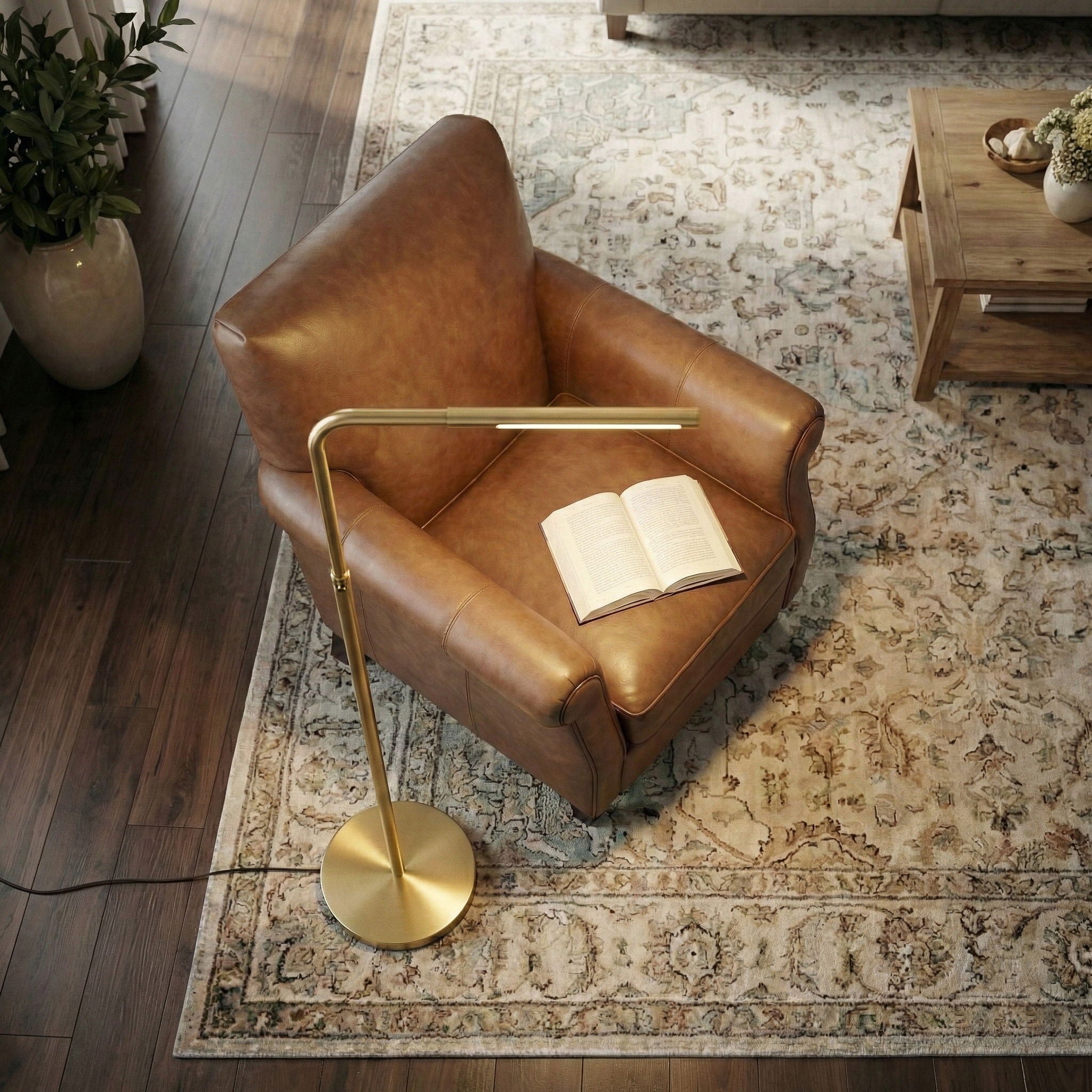 Verve Adjustable Floor Lamp | Brassed Gold Round Base Contemporary Floor Lamp
