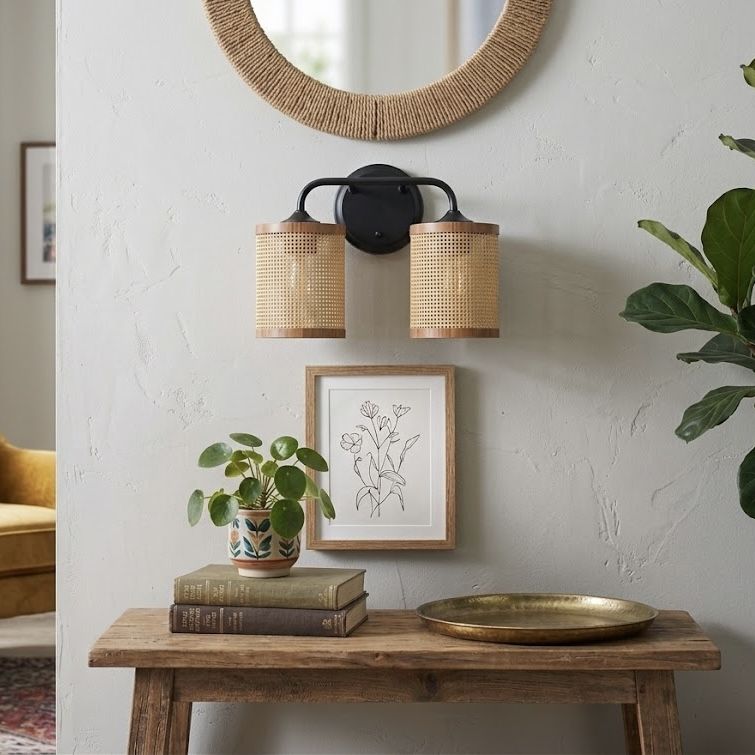 Quell Double Light Vanity Wall Lamp | Rattan Shade Bathroom Vanity Light