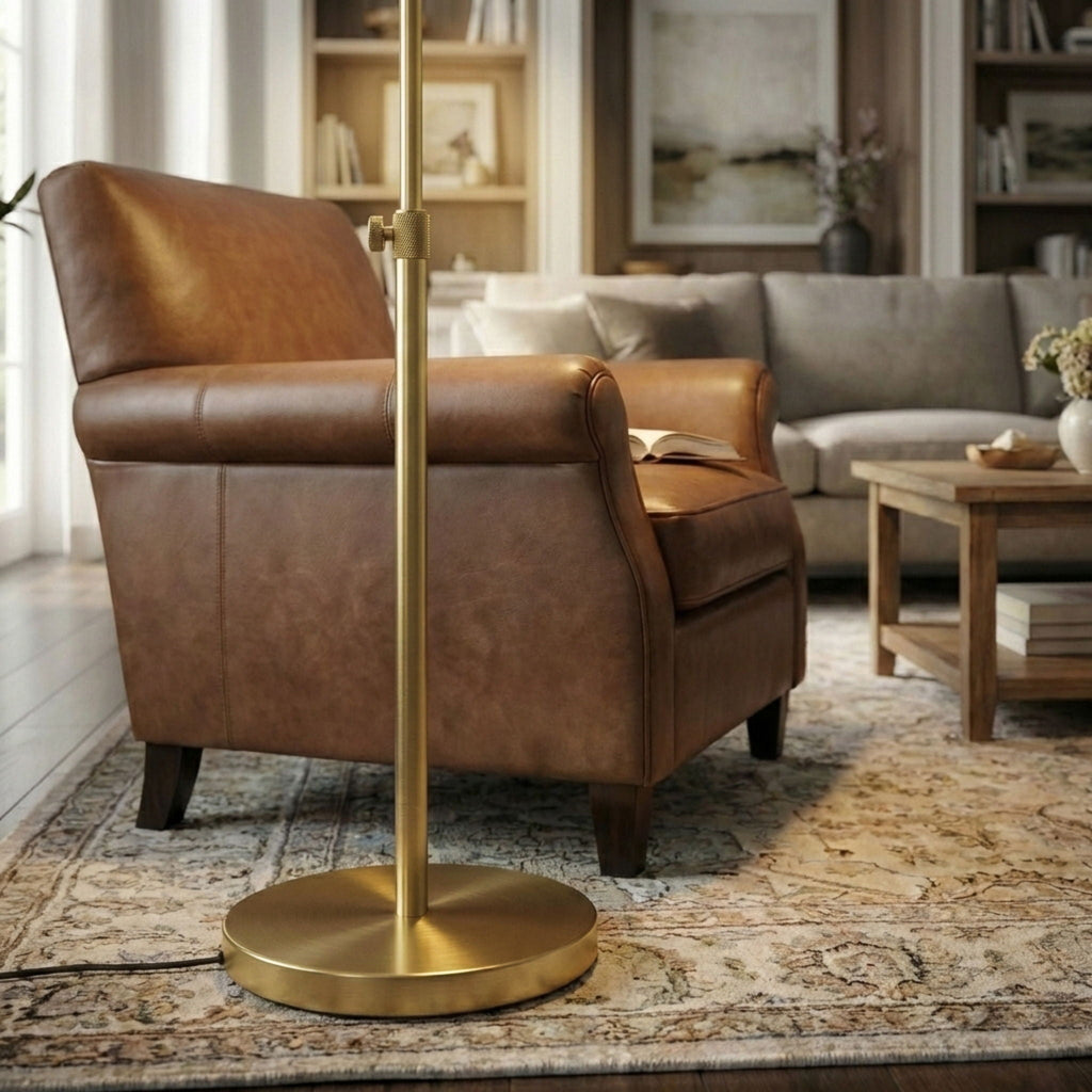 Verve Adjustable Floor Lamp | Brassed Gold Round Base Contemporary Floor Lamp