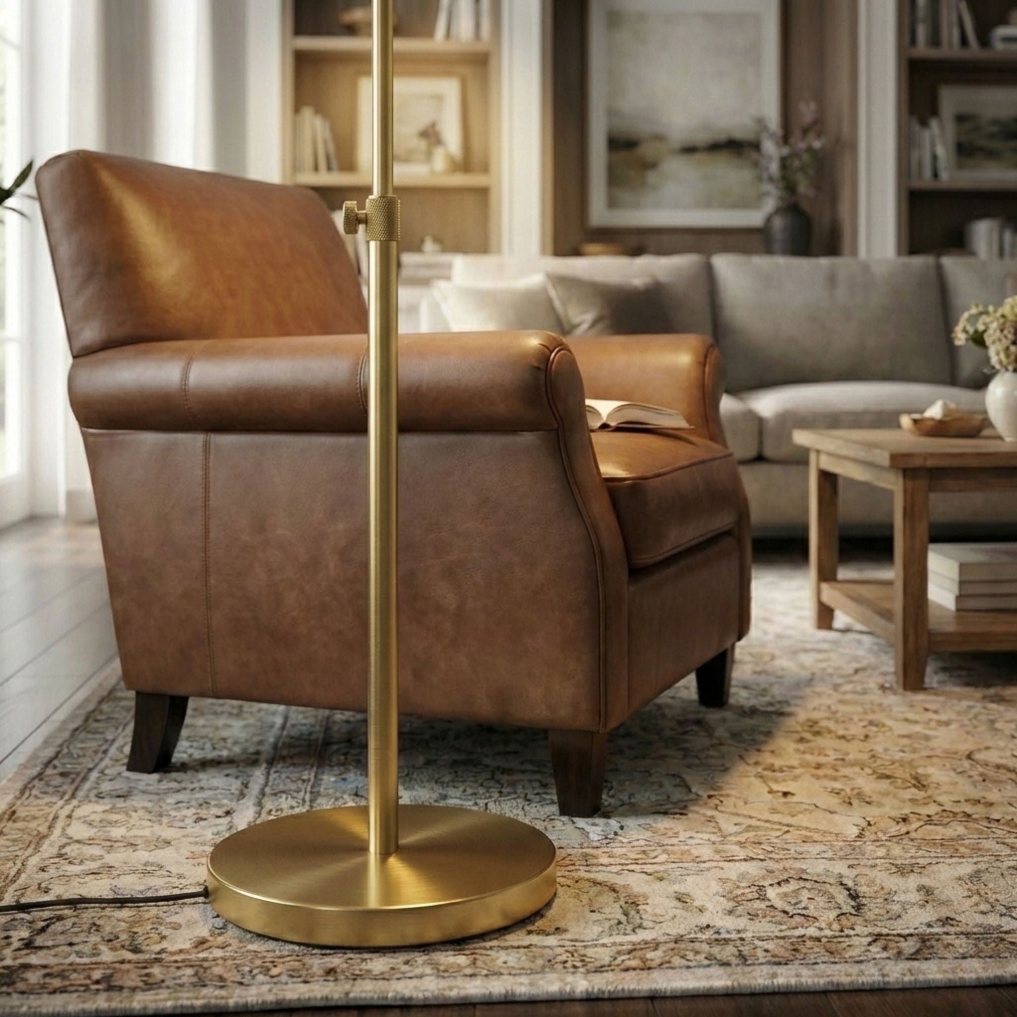 Verve Adjustable Floor Lamp | Brassed Gold Round Base Contemporary Floor Lamp