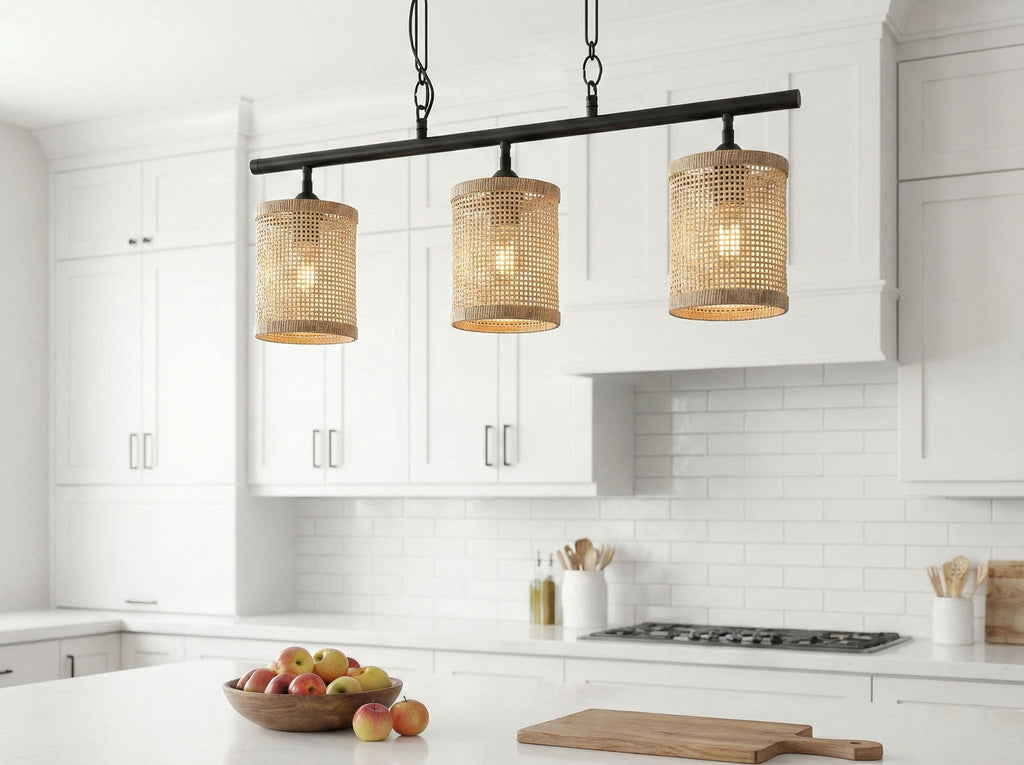 Elysian 3-Light Island Ceiling Lamp | Farmhouse Rattan Pendant Island Ceiling Lamp