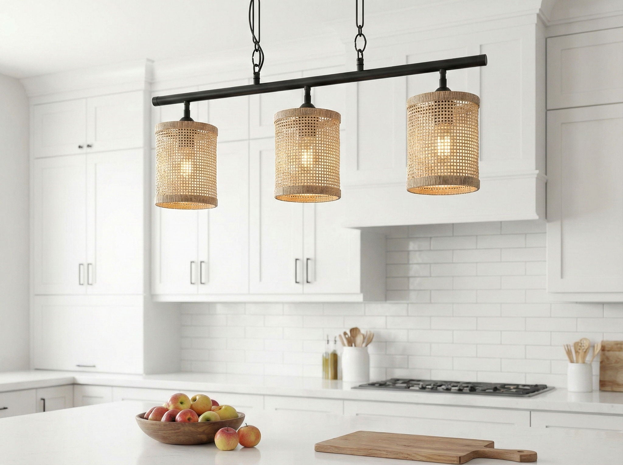 Elysian 3-Light Island Ceiling Lamp | Farmhouse Rattan Pendant Island Ceiling Lamp