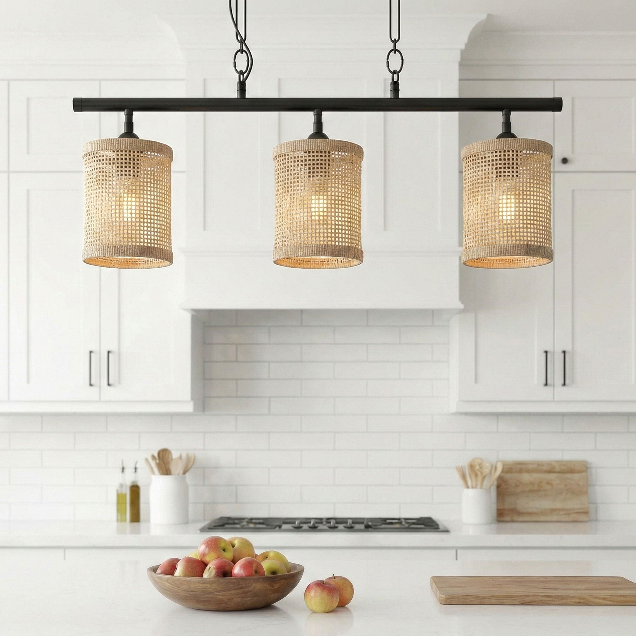 Elysian 3-Light Island Ceiling Lamp | Farmhouse Rattan Pendant Island Ceiling Lamp