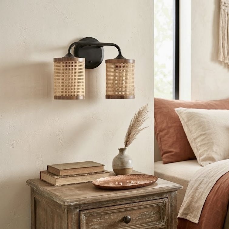 Quell Double Light Vanity Wall Lamp | Rattan Shade Bathroom Vanity Light