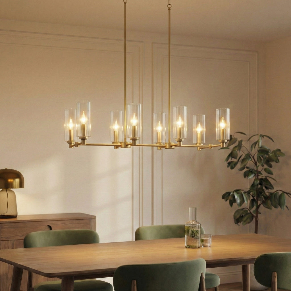 Willow Eight Lights Island with Clear Ribbed Glass Pendant Lamp - Satin