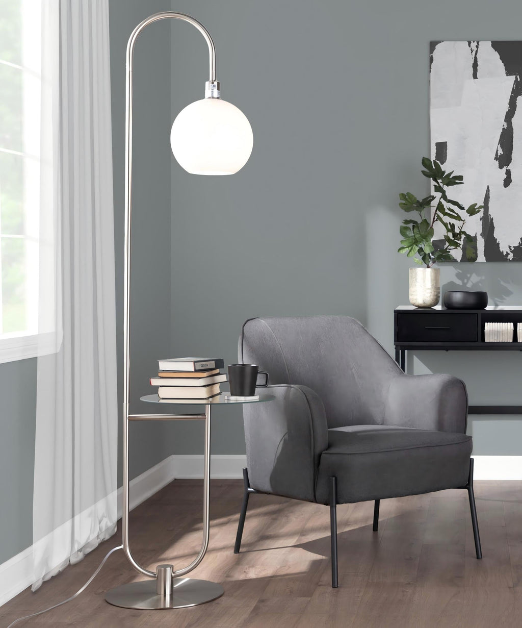 Trombone Contemporary Floor Lamp in Nickel Metal with Clear Glass Shelf