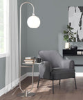 Trombone Contemporary Floor Lamp in Nickel Metal with Clear Glass Shelf