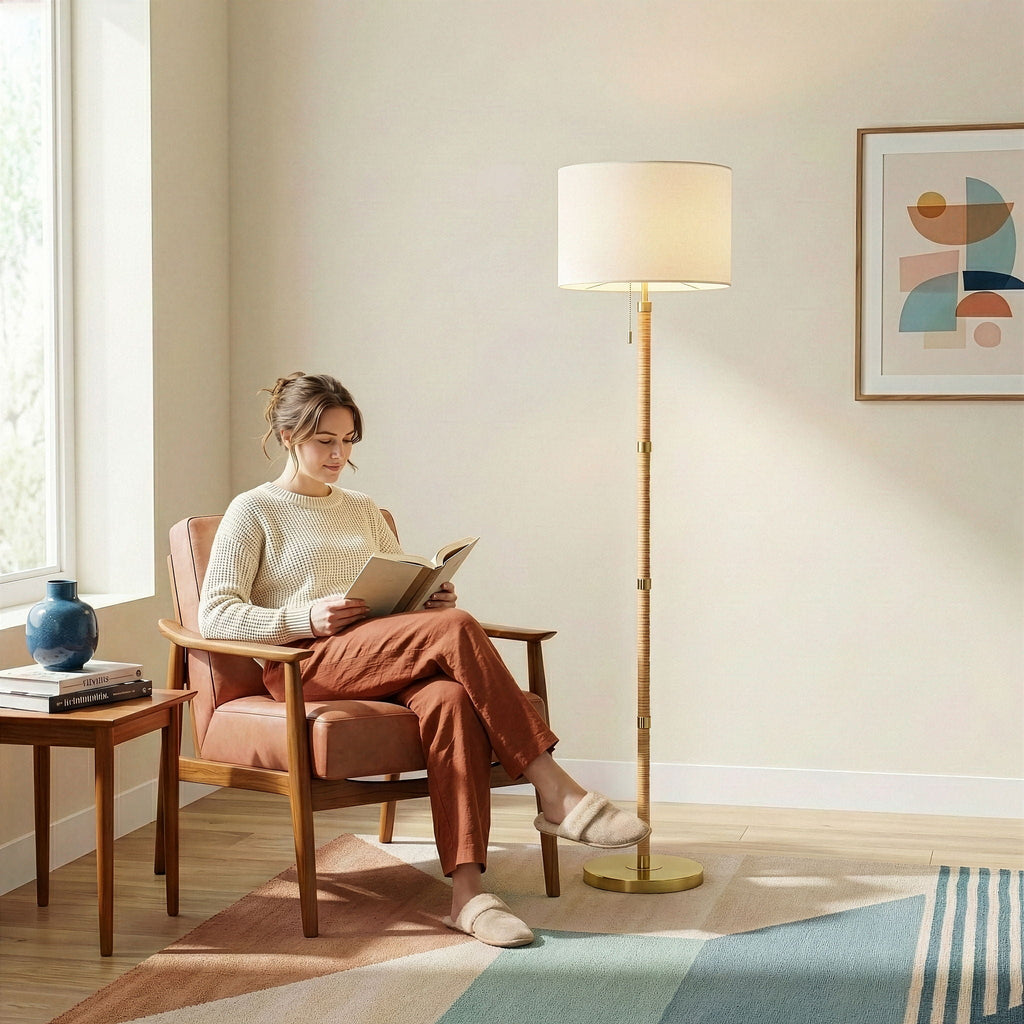 Stellar Linen Shade Floor Lamp | Natural Wood & Rattan Floor Lamp with Linen Shade