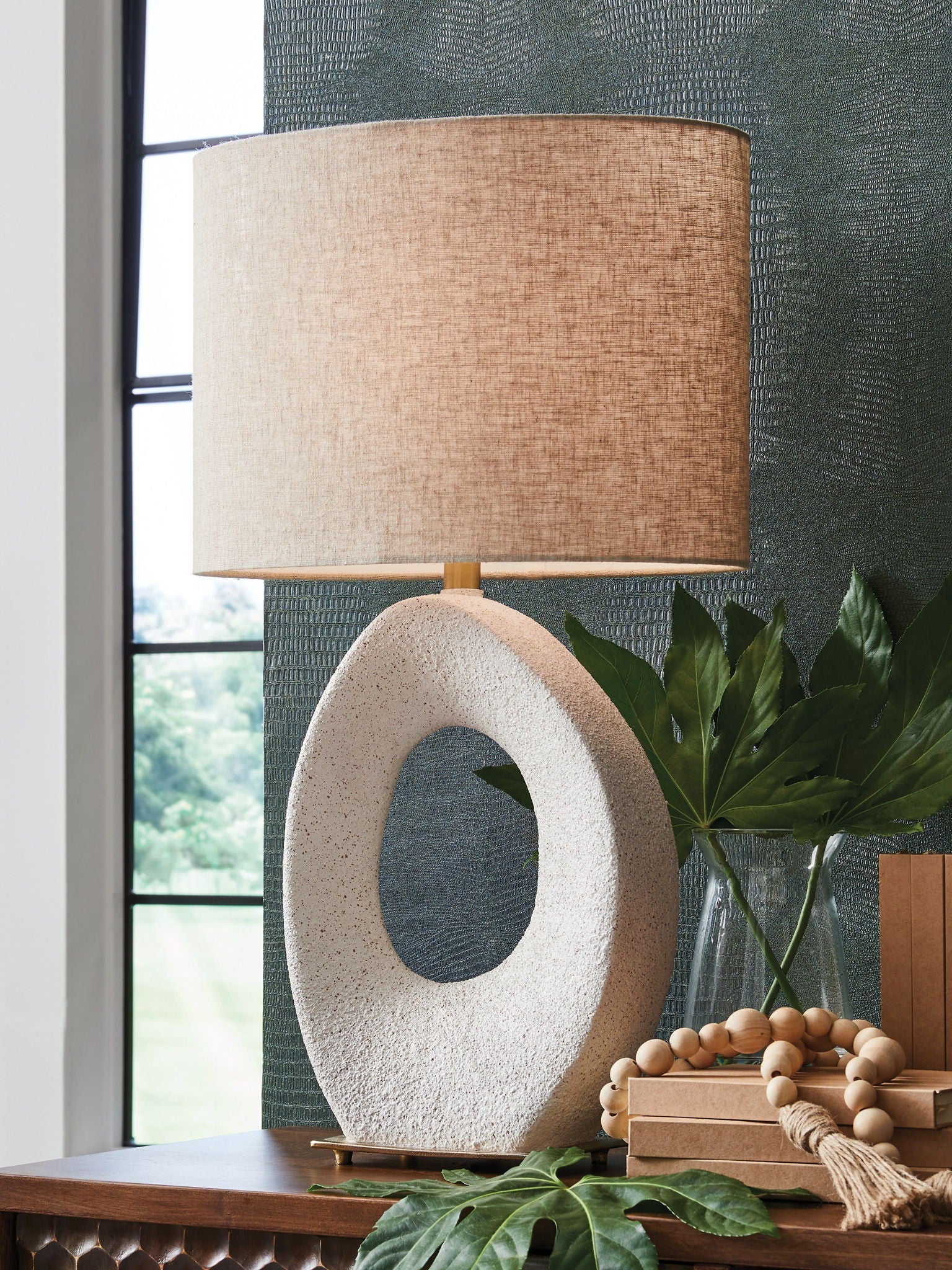 Trentlen Paper Table Lamp | Cream Speckle Geometric Contemporary Table Lamp
