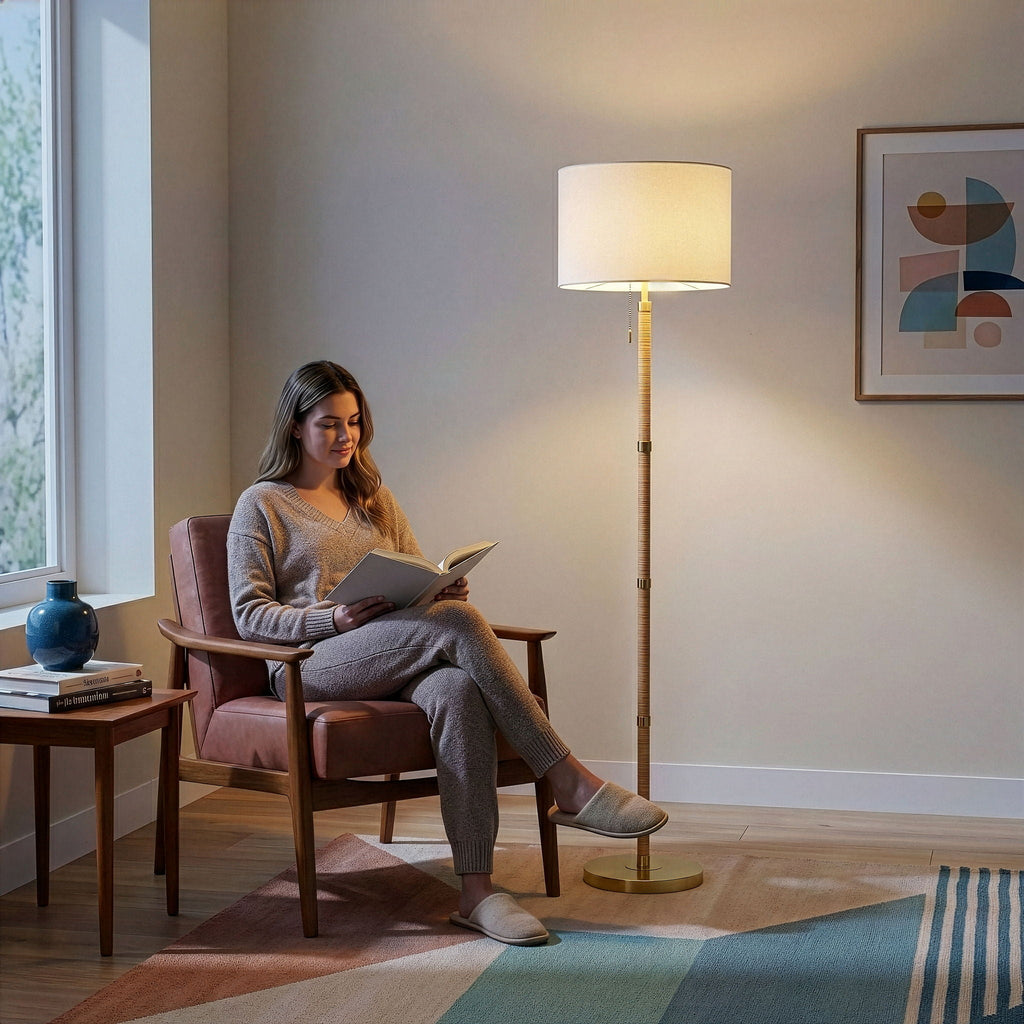 Stellar Linen Shade Floor Lamp | Natural Wood & Rattan Floor Lamp with Linen Shade