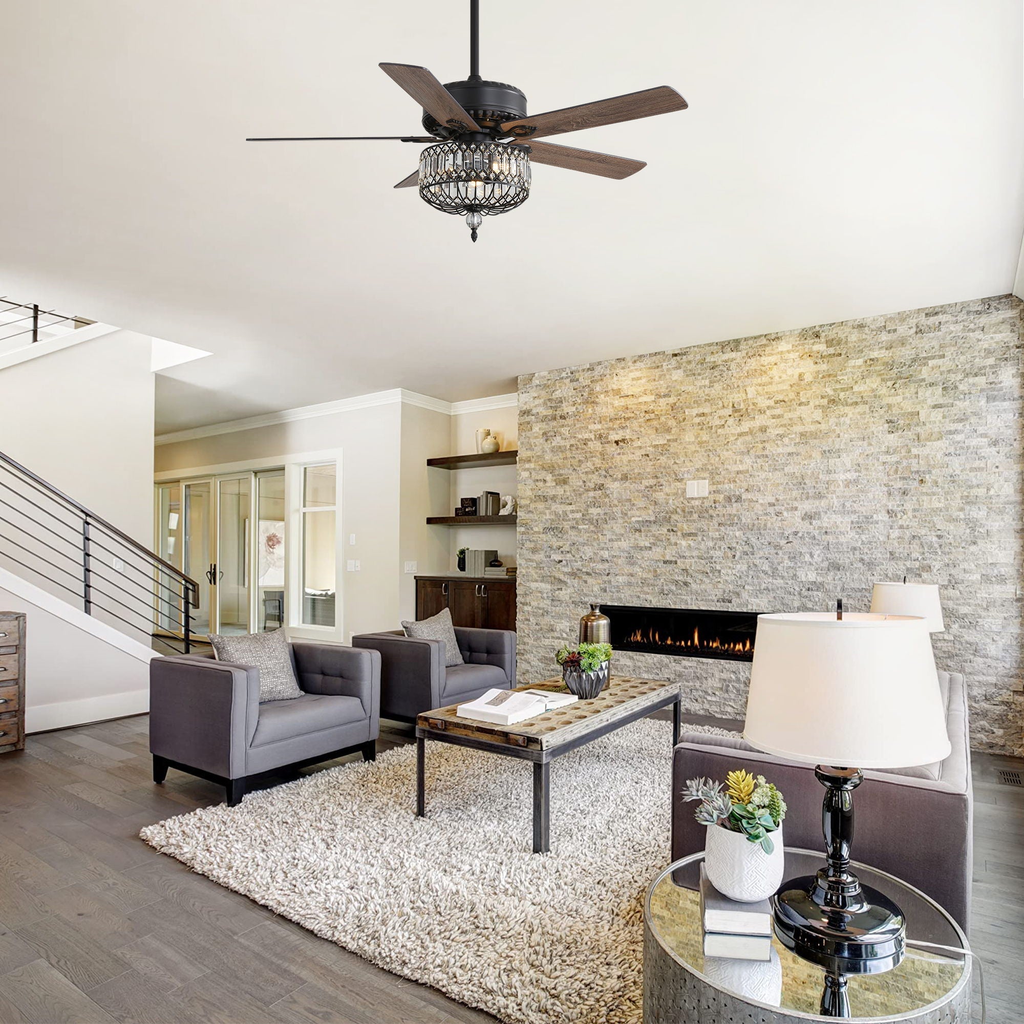 Crystal Lampshade Ceiling Fan | 5-Blade DC Motor Fan with Crystal Pendant Shade
