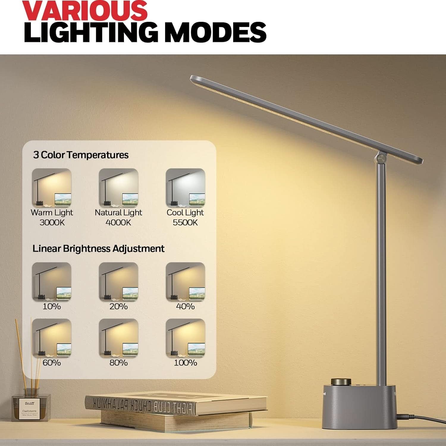 Gray LED Desk Lamp With Stepless Dimming And USB A And C