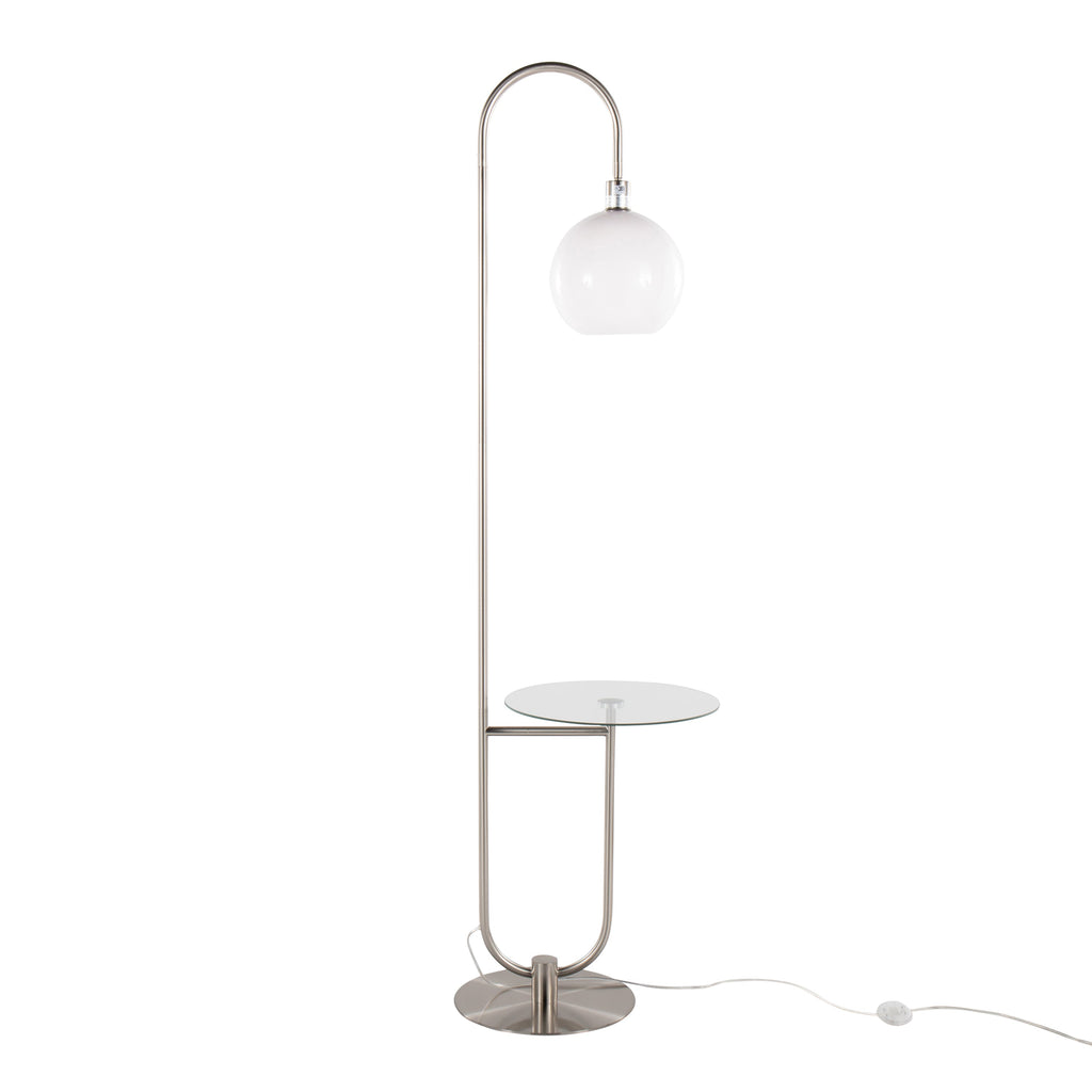 Trombone Contemporary Floor Lamp in Nickel Metal with Clear Glass Shelf