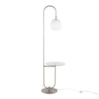 Trombone Contemporary Floor Lamp in Nickel Metal with Clear Glass Shelf