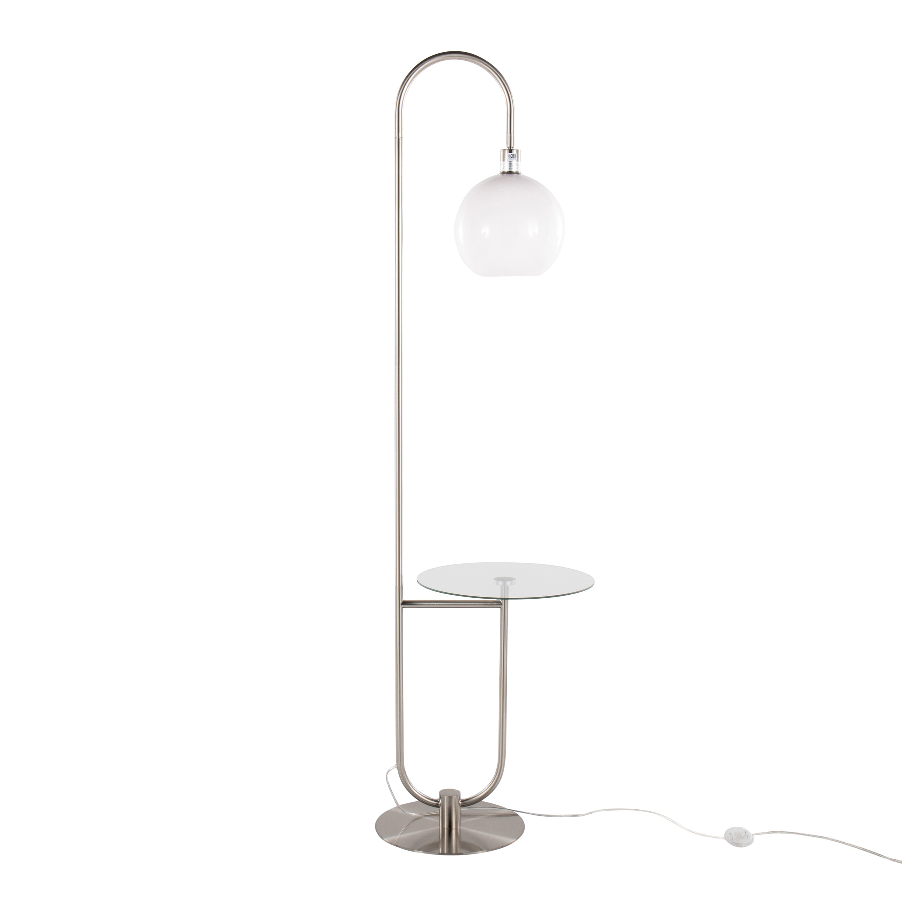 Trombone Contemporary Floor Lamp in Nickel Metal with Clear Glass Shelf
