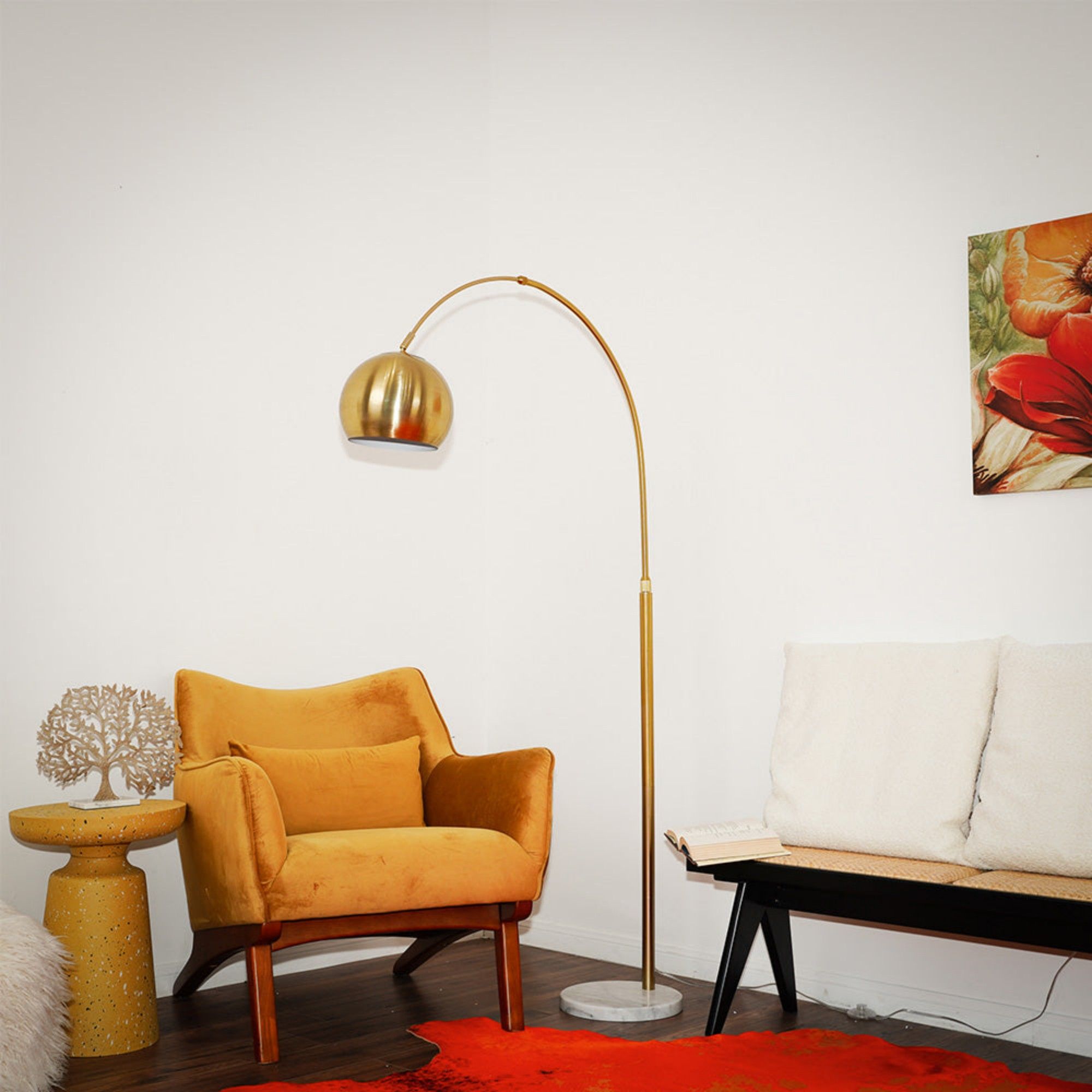 Oasis Long Arm Floor Lamp | Adjustable Brass Arm & Marble Base Floor Lamp