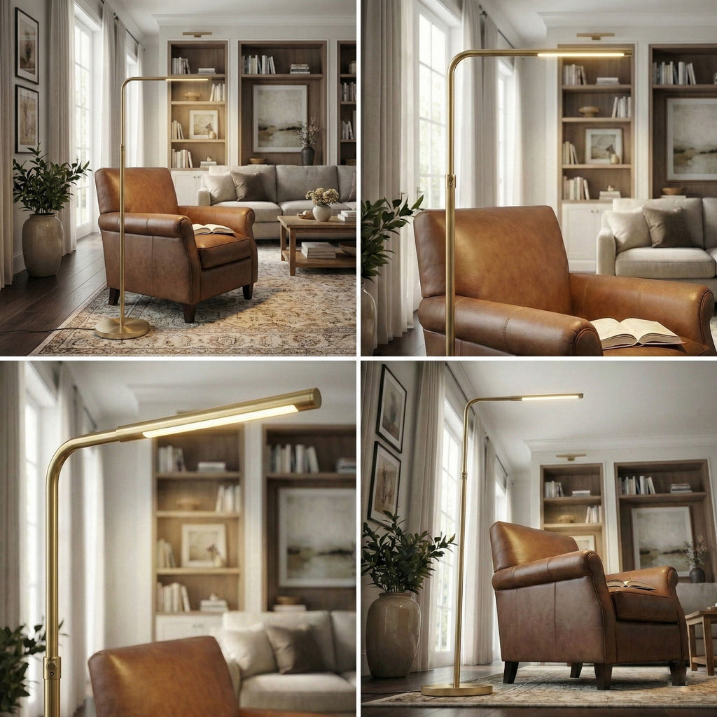 Verve Adjustable Floor Lamp | Brassed Gold Round Base Contemporary Floor Lamp