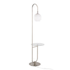 Trombone Contemporary Floor Lamp in Nickel Metal with Clear Glass Shelf