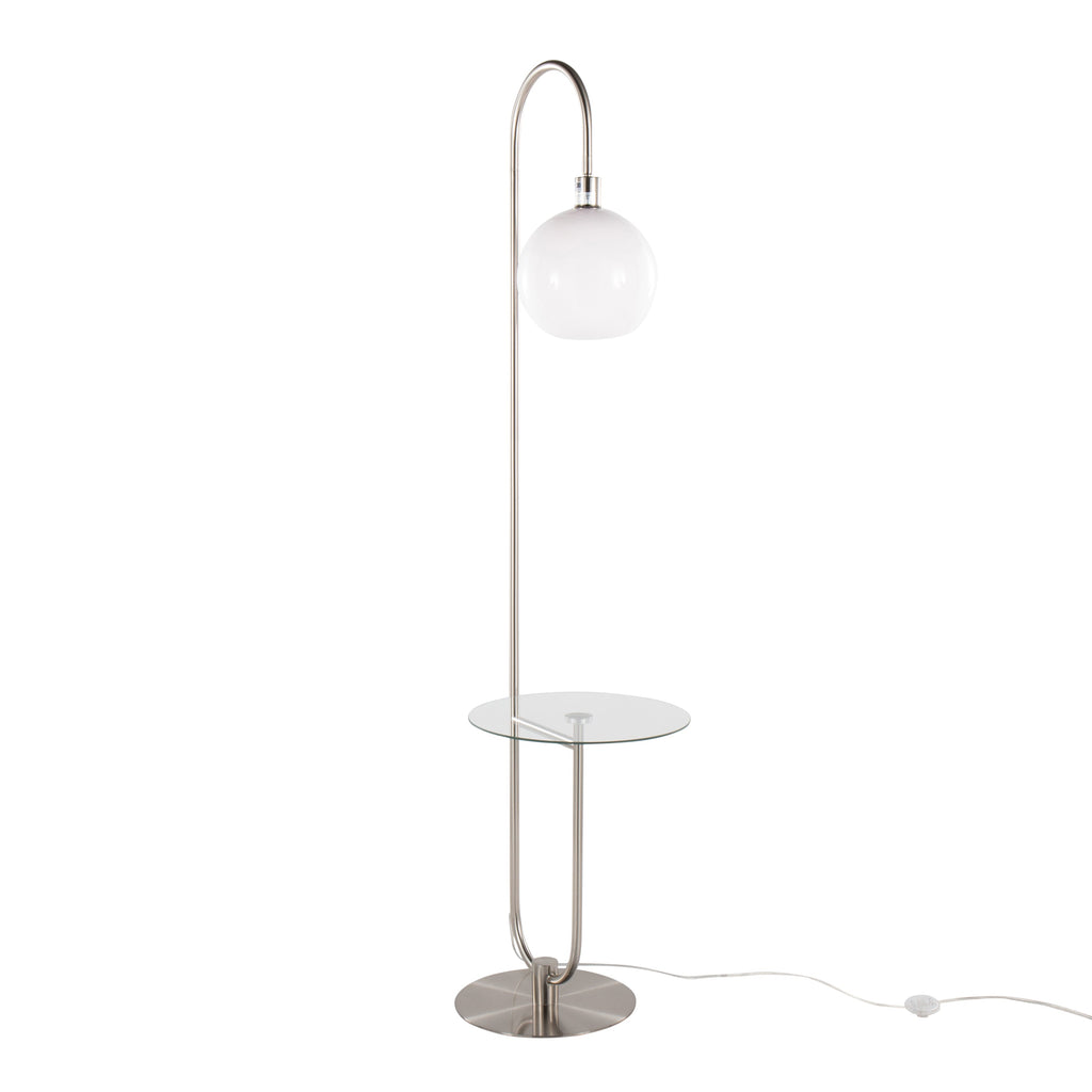 Trombone Contemporary Floor Lamp in Nickel Metal with Clear Glass Shelf