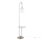 Trombone Contemporary Floor Lamp in Nickel Metal with Clear Glass Shelf