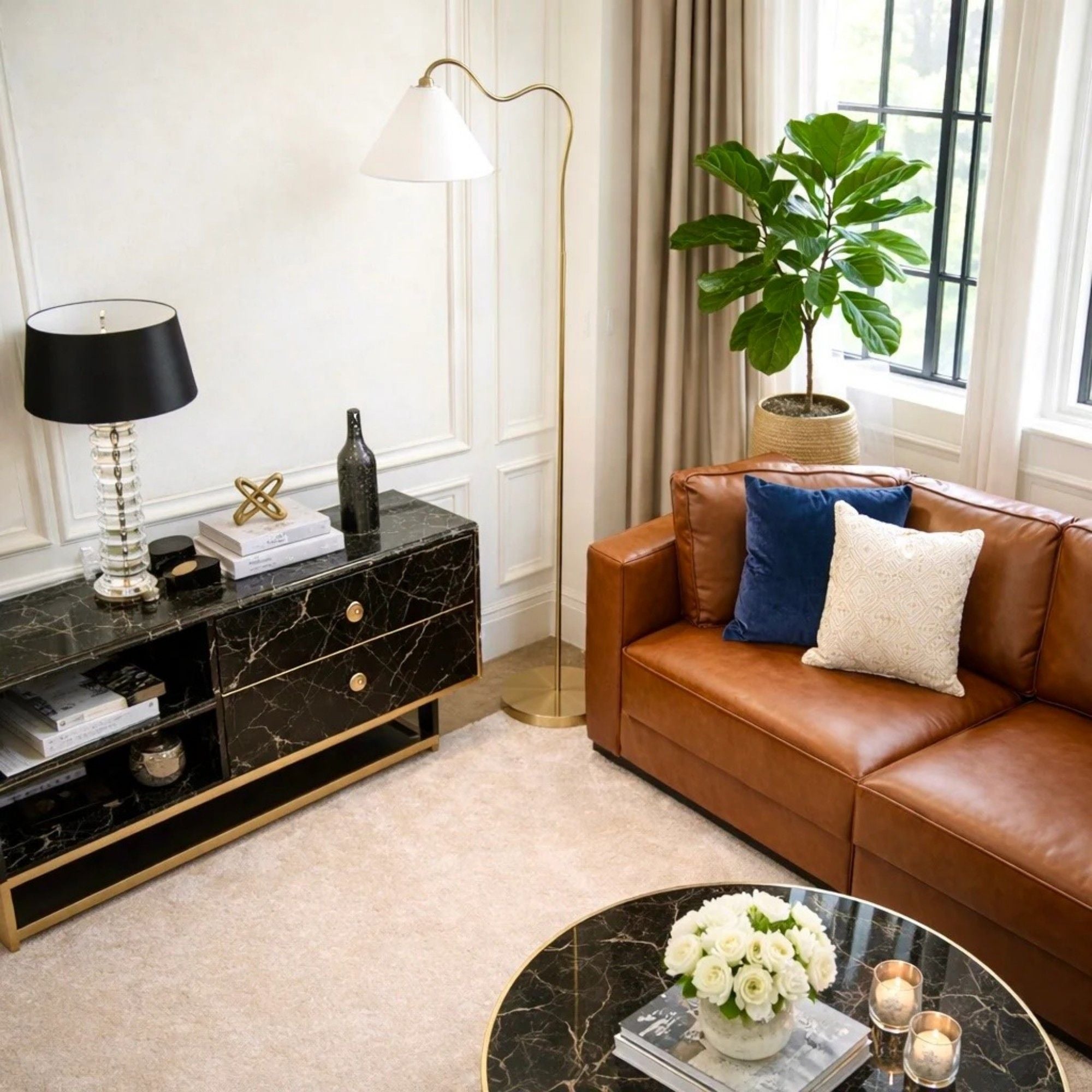 Majestic Ring Base Floor Lamp | Brass Ring Base Curved Floor Lamp