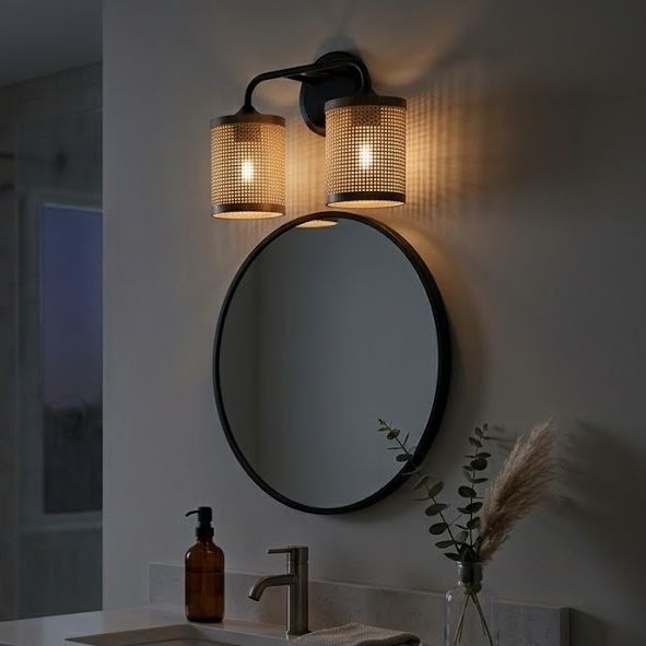 Quell Double Light Vanity Wall Lamp | Rattan Shade Bathroom Vanity Light