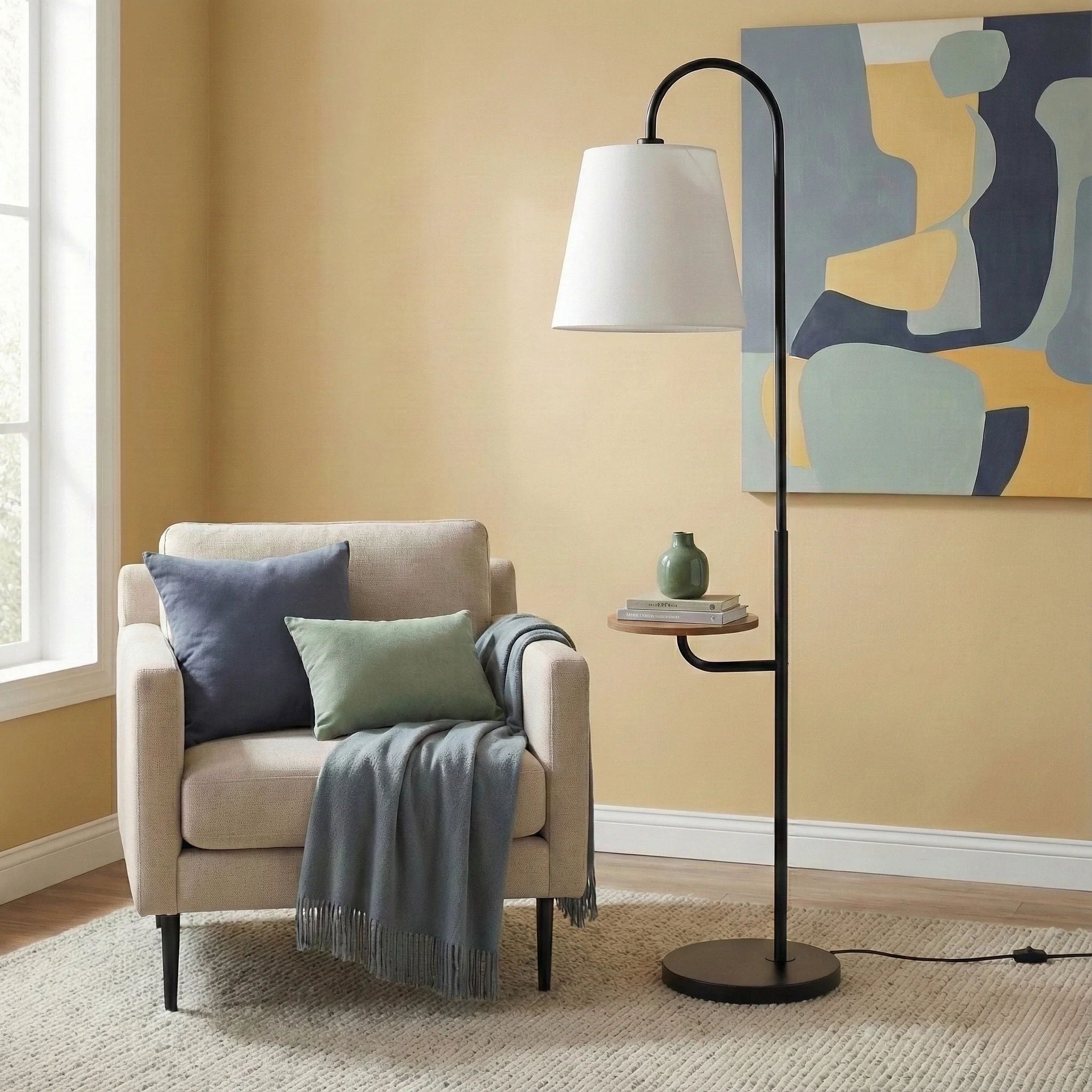 Seoul Floor Lamp with Table Base | Contemporary Floor Lamp with Integrated Side Table