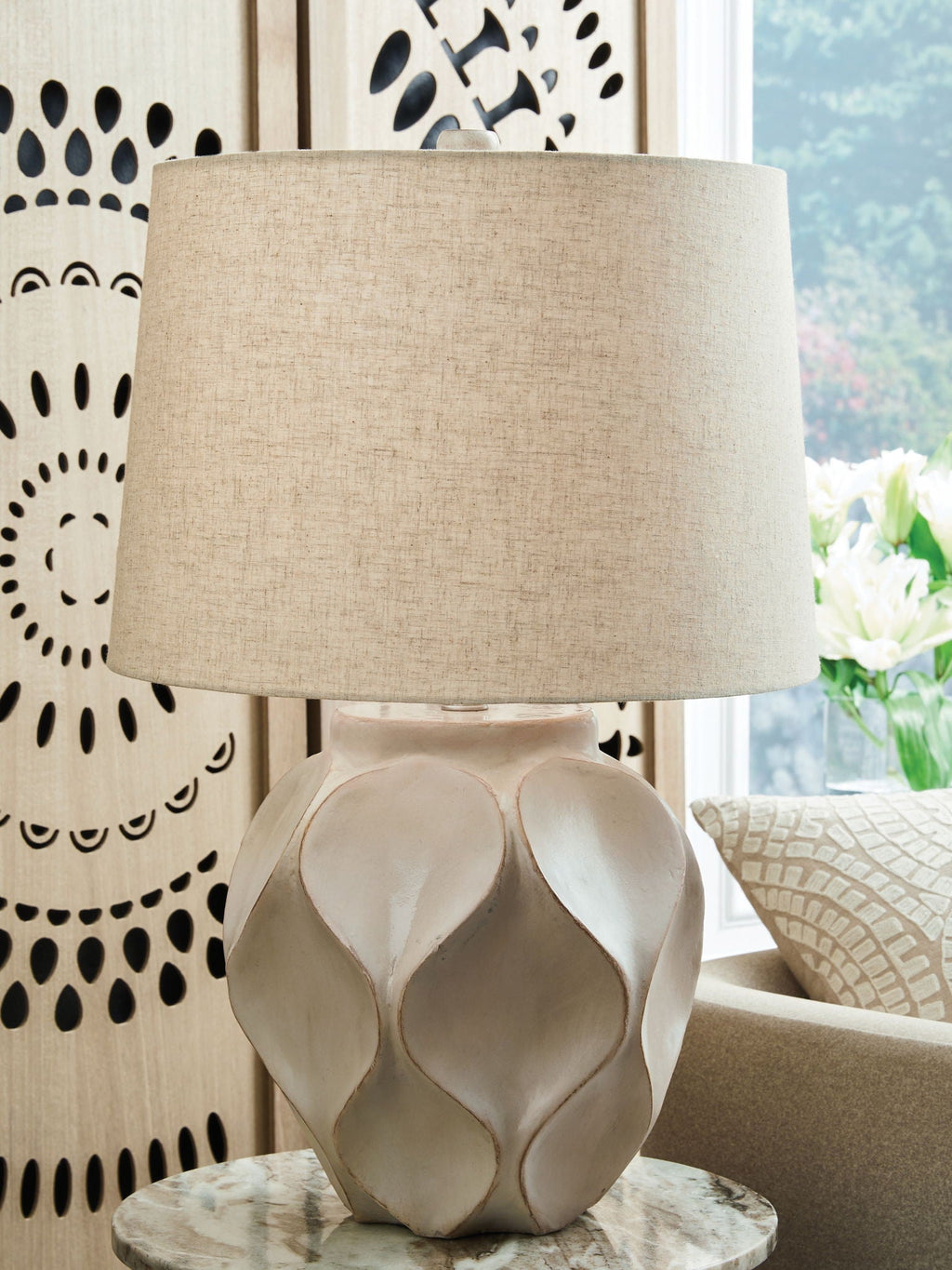 Edselham Paper Table Lamp | Glossy Cream Geometric Contemporary Table Lamp