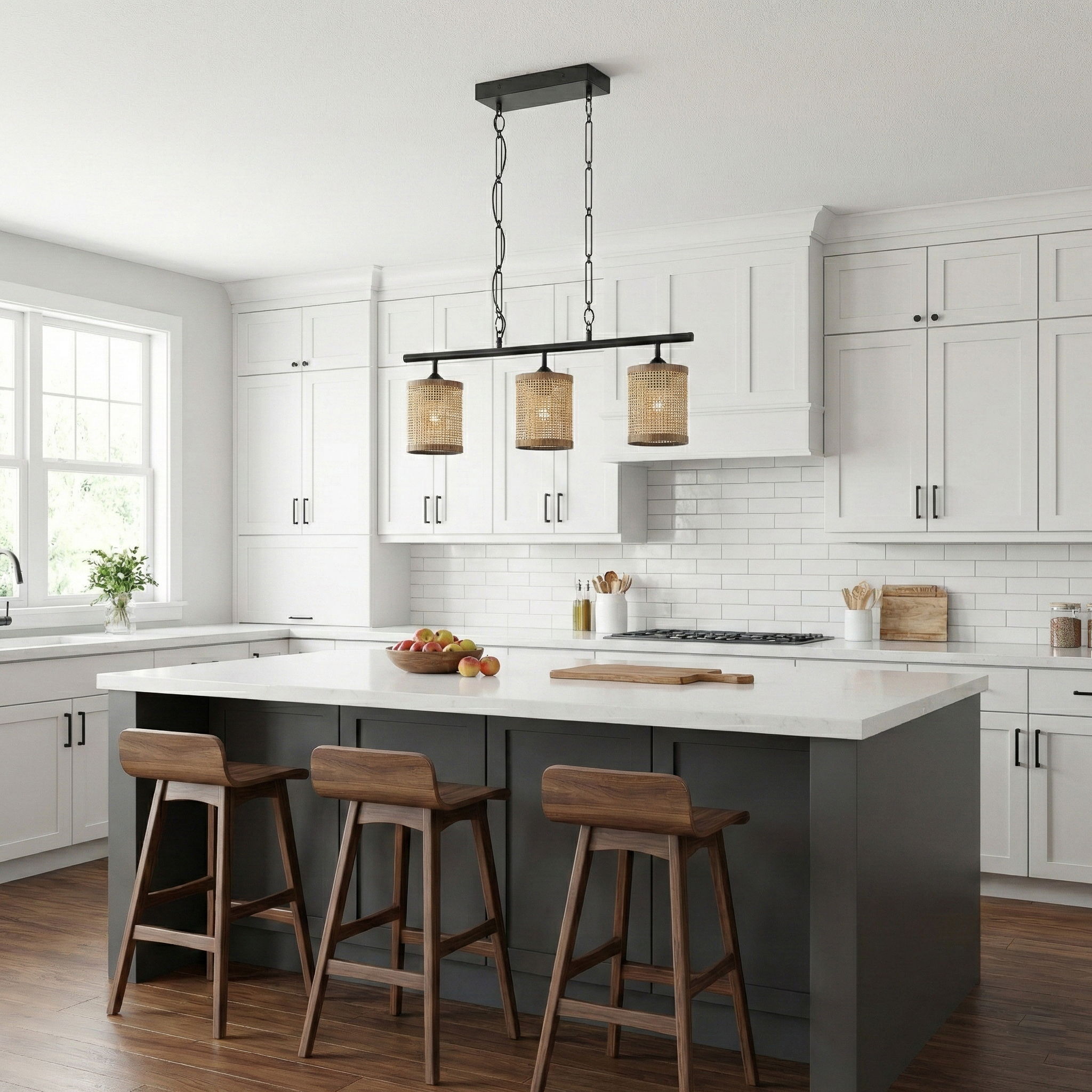 Elysian 3-Light Island Ceiling Lamp | Farmhouse Rattan Pendant Island Ceiling Lamp