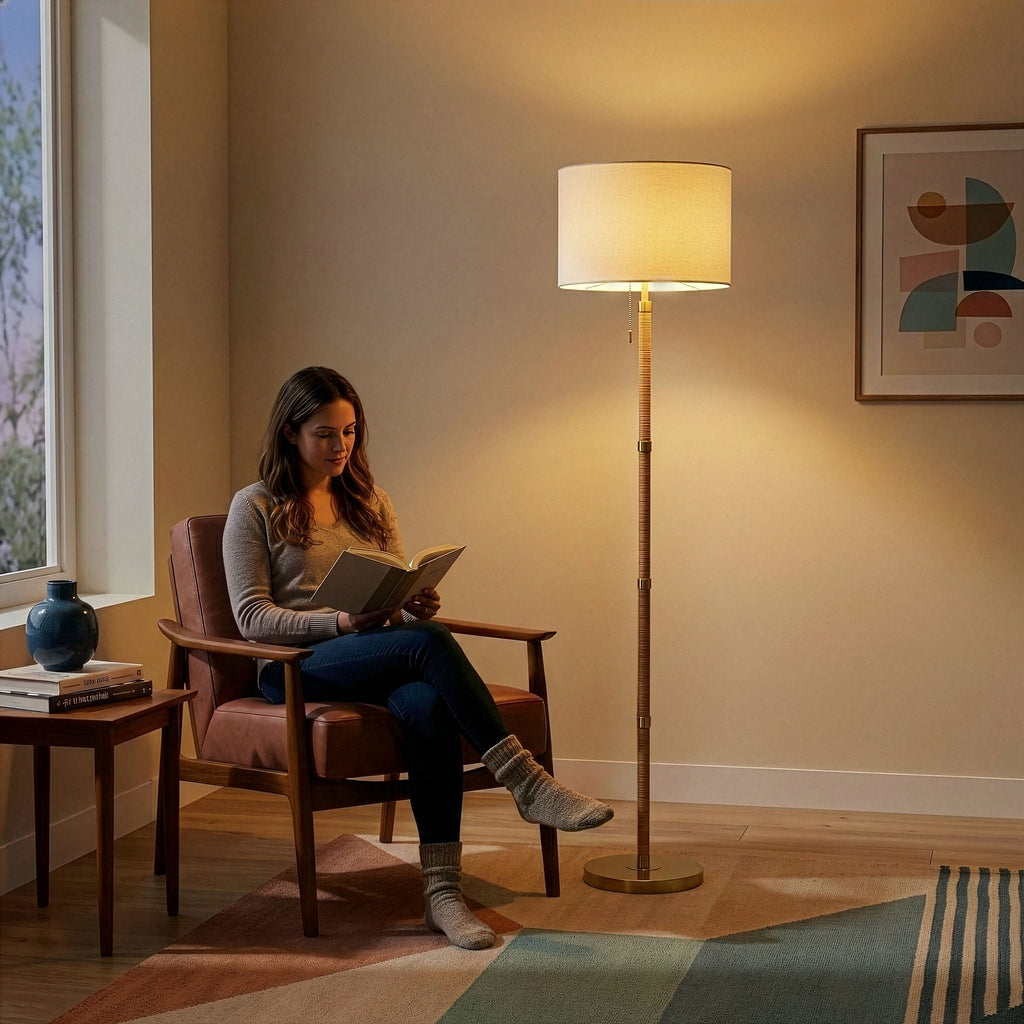Stellar Linen Shade Floor Lamp | Natural Wood & Rattan Floor Lamp with Linen Shade