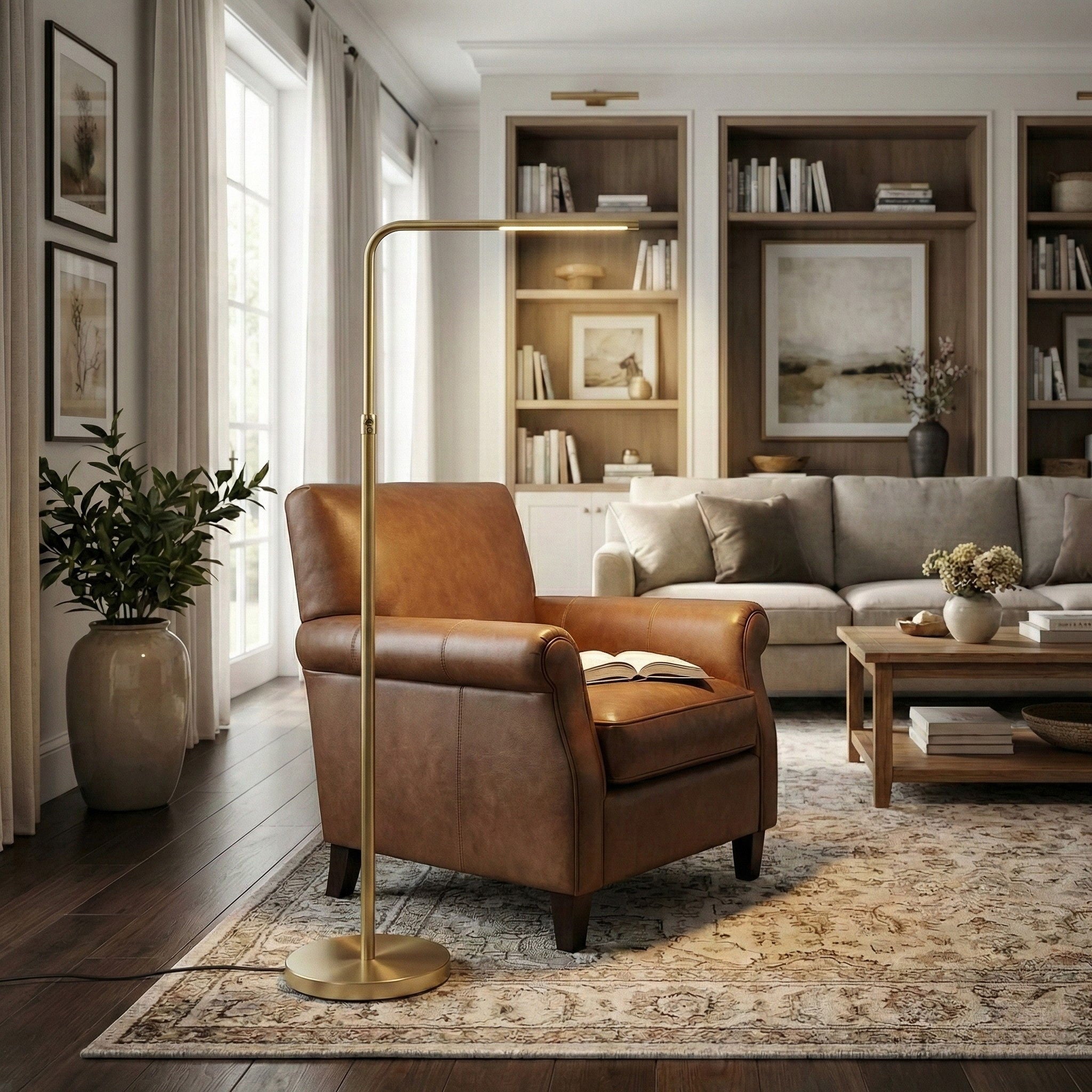 Verve Adjustable Floor Lamp | Brassed Gold Round Base Contemporary Floor Lamp