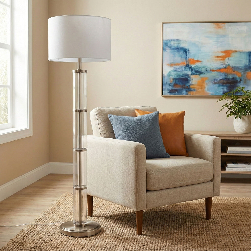 Nimbus Floor Lamp | Clear Glass Body Brushed Nickel 3-Way Floor Lamp