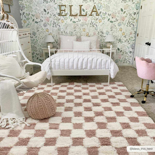 Atira Pink Checkered Shag Rug | Plush Cream & Pink Geometric Rug – Boutique Rugs
