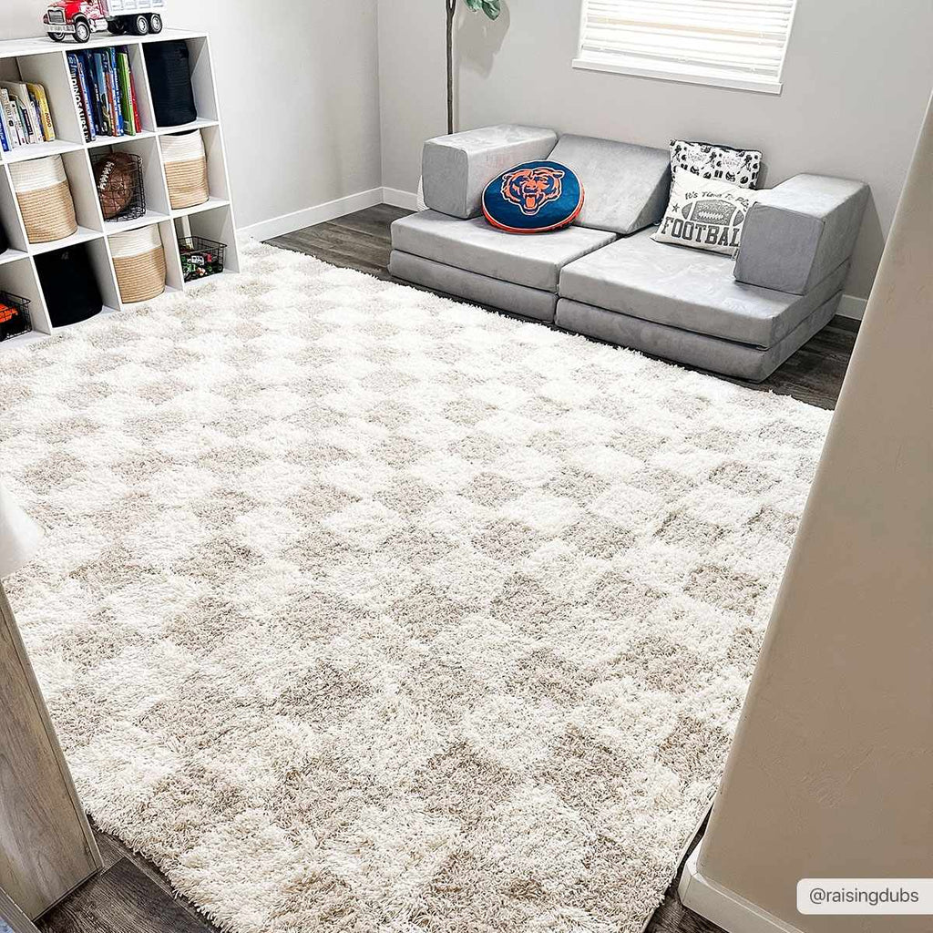 Atira Light Brown Checkered Area Rug | Plush Geometric Rug – Boutique Rugs