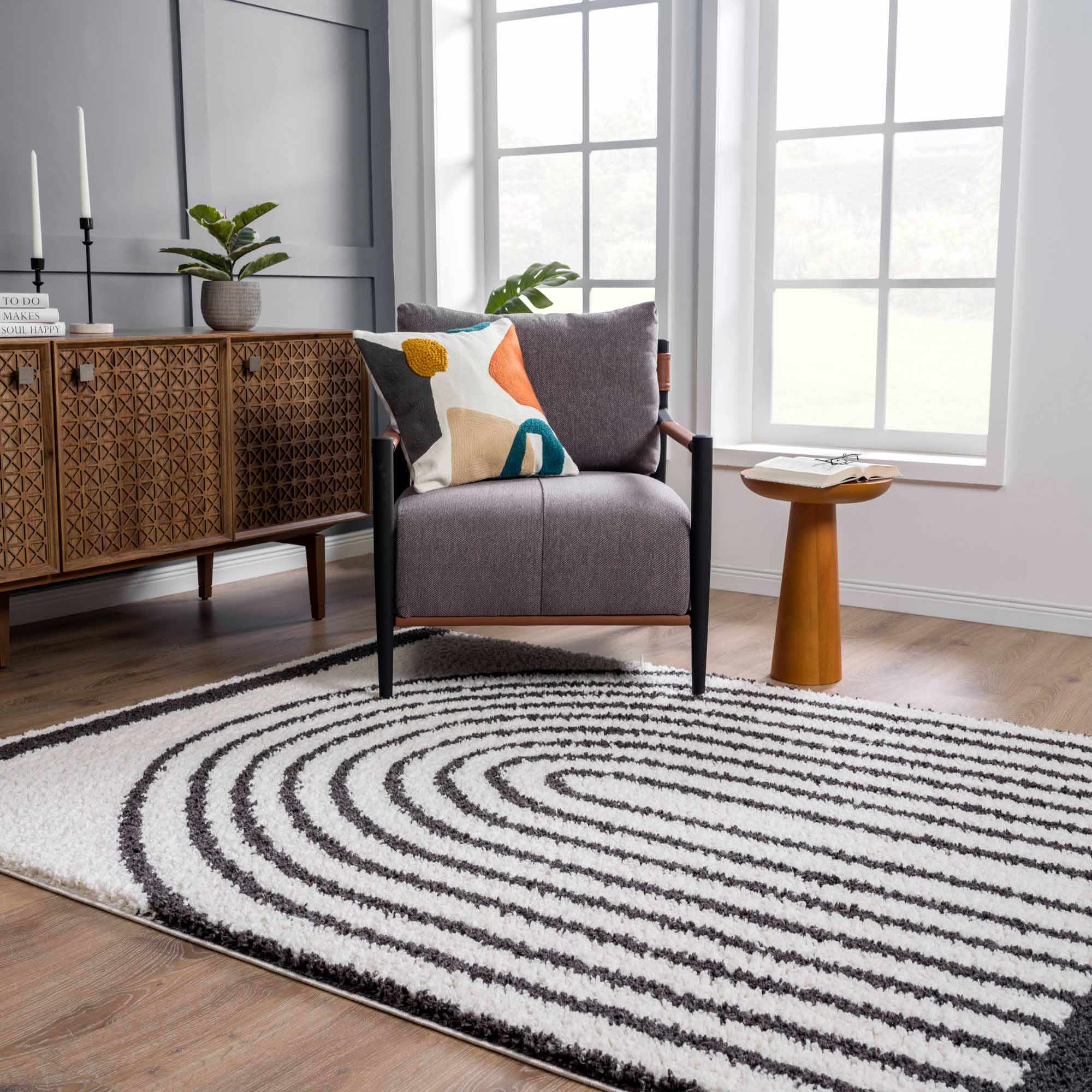 Bauer Black & White Shag Area Rug | Rainbow Design