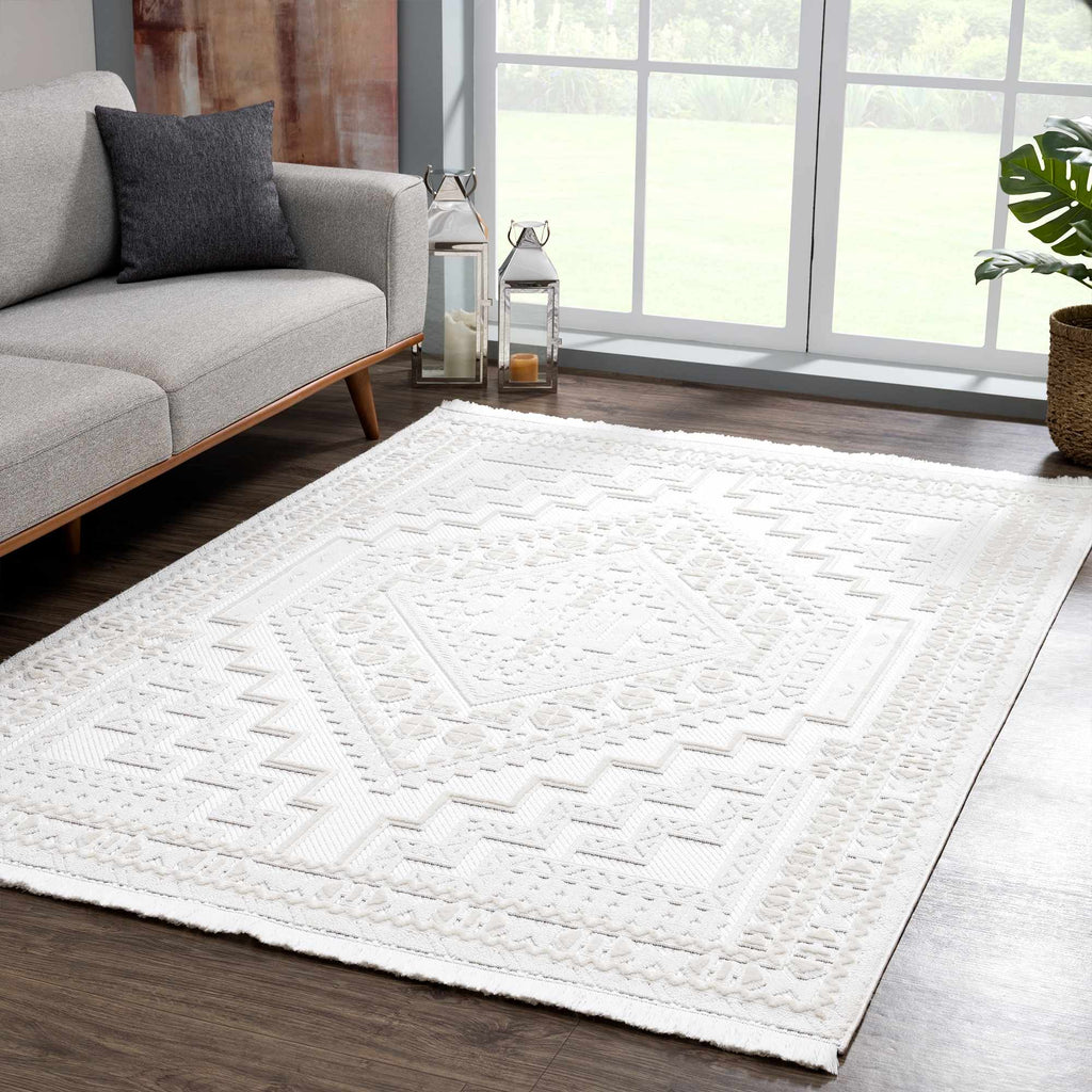 Alya Ivory Fringe Area Rug | Textured Medallion Design – Hauteloom