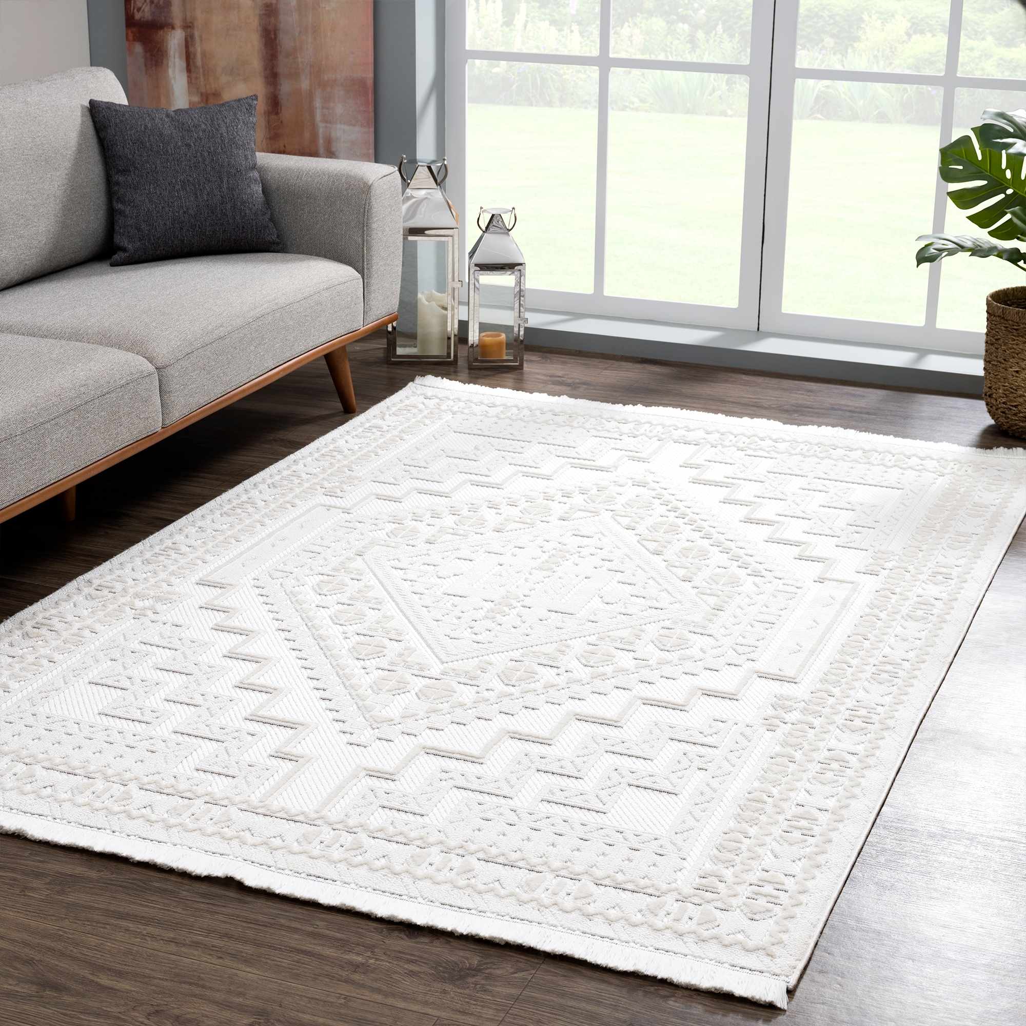Alya Ivory Fringe Area Rug | Textured Medallion Design – Hauteloom