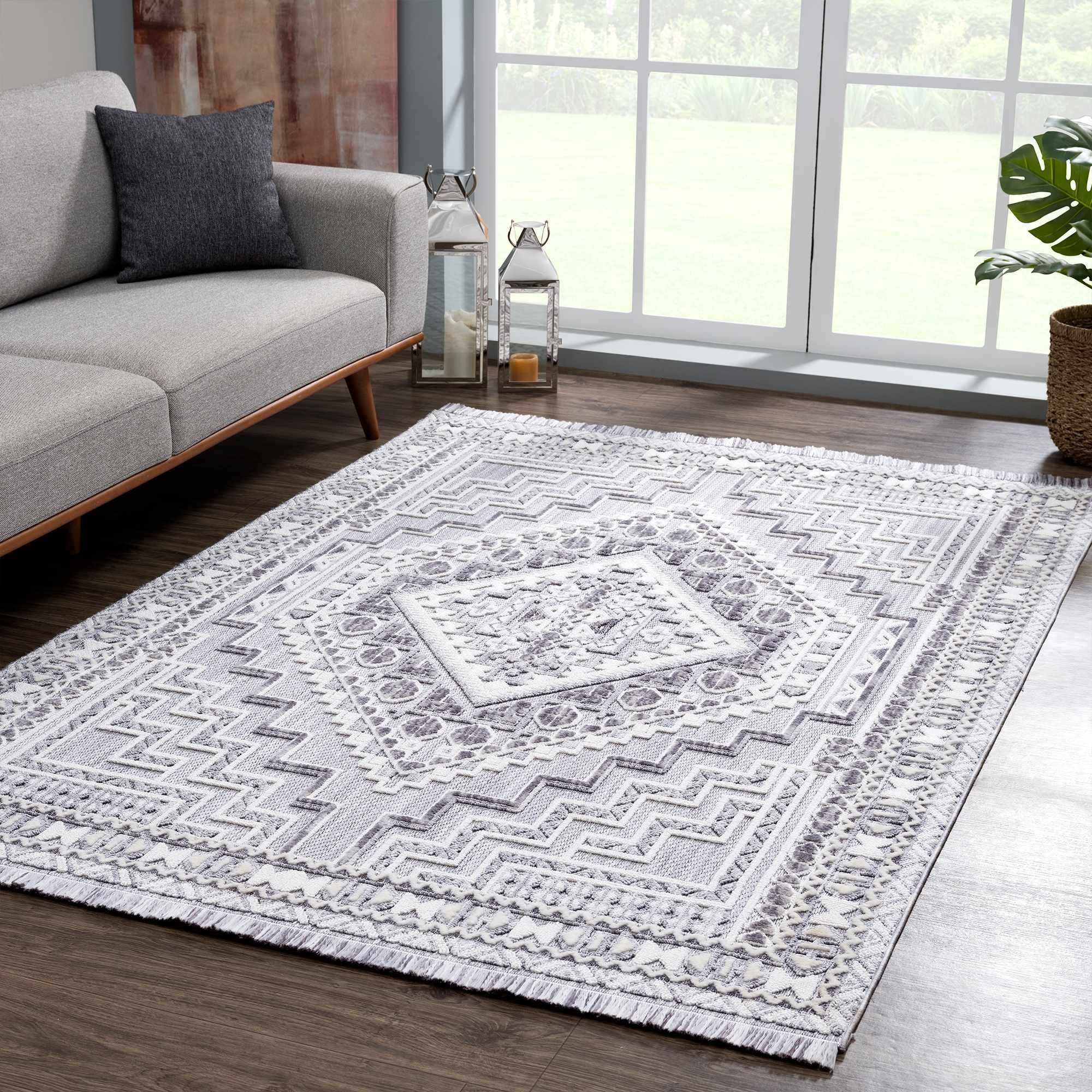 Alya Charcoal Fringe Area Rug | Textured Medallion Design