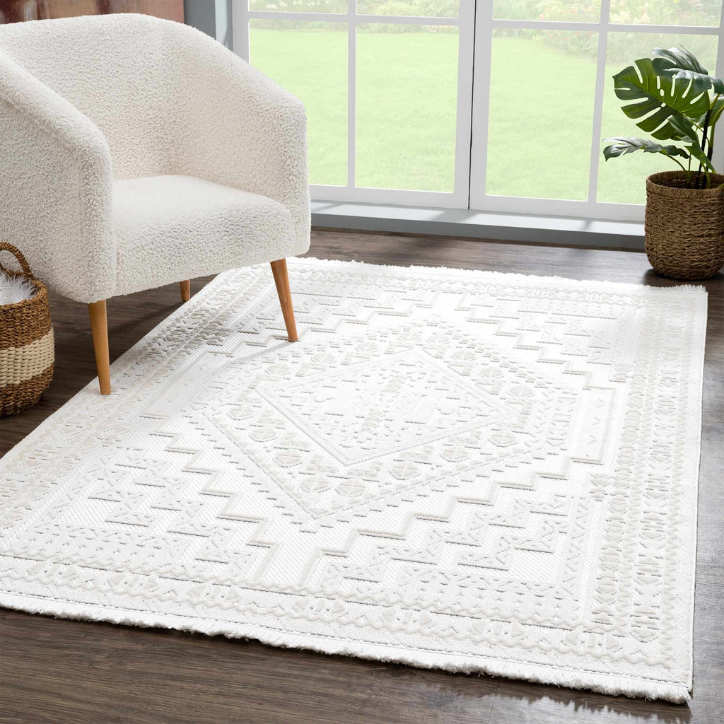 Alya Ivory Fringe Area Rug | Textured Medallion Design – Hauteloom