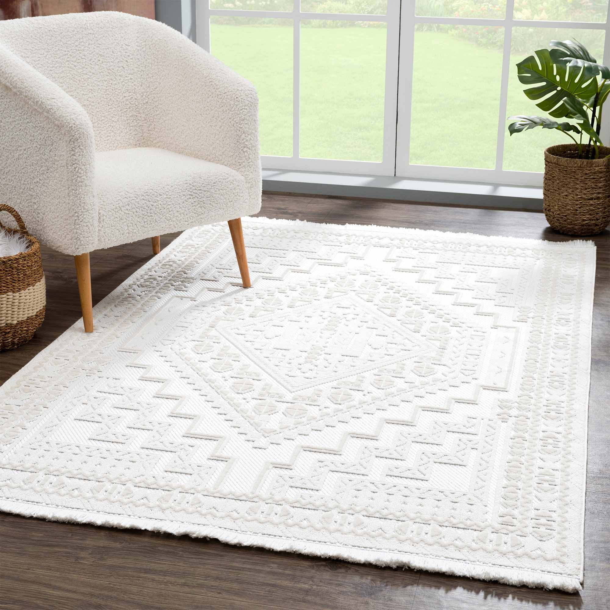 Alya Ivory Fringe Area Rug | Textured Medallion Design – Hauteloom