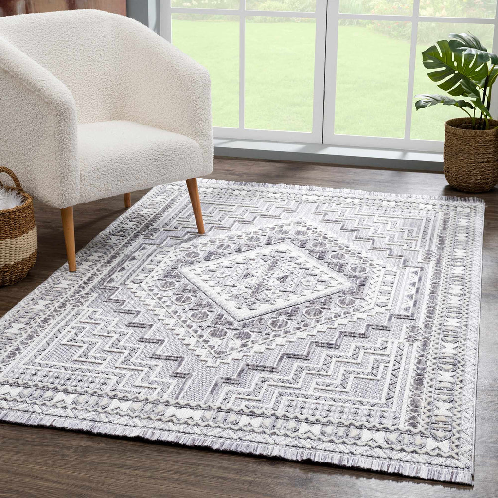 Alya Charcoal Fringe Area Rug | Textured Medallion Design