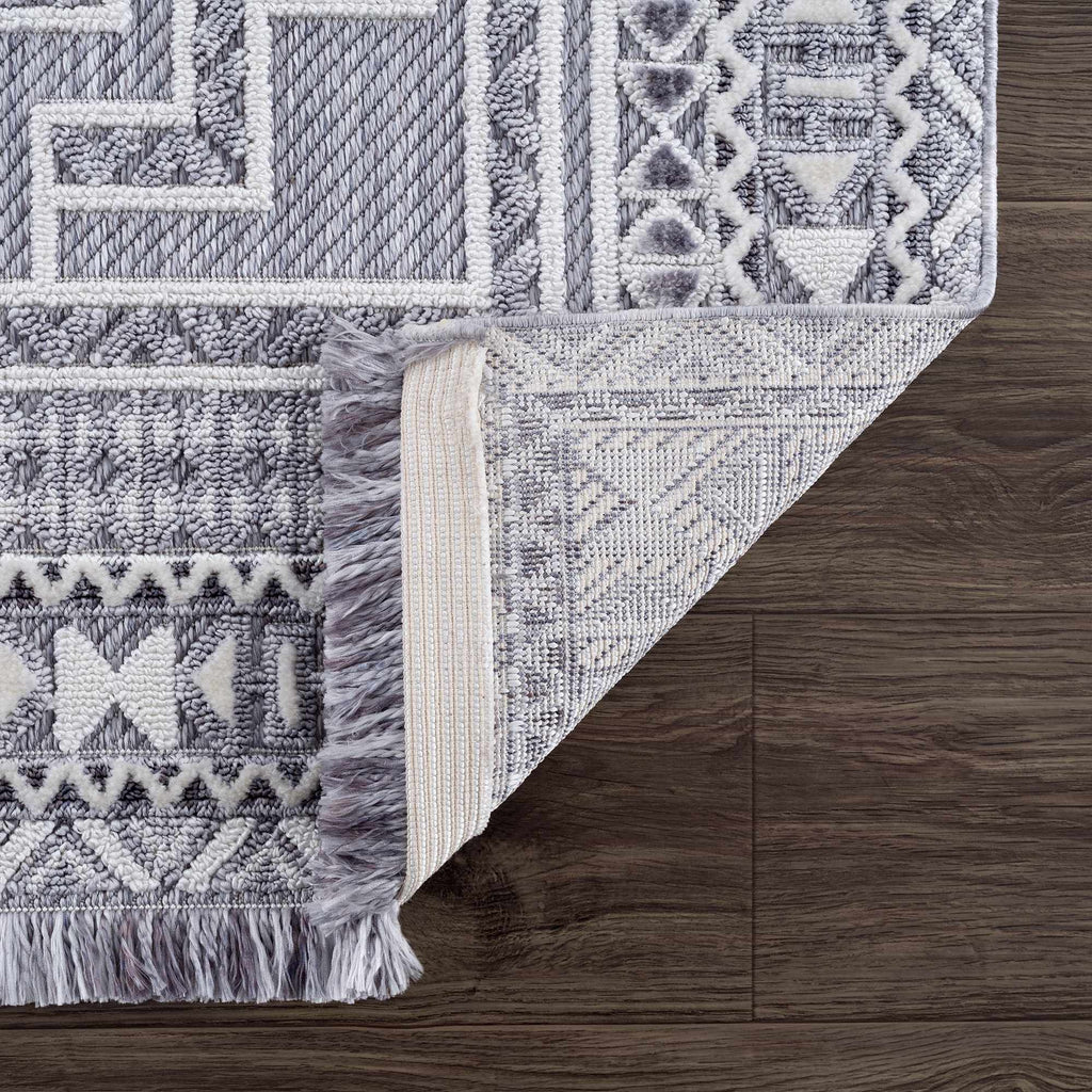 Alya Charcoal Fringe Area Rug | Textured Medallion Design